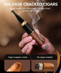 Lux Calfskin Cigar Holder And Mouthpiece Set With Leakproof Seal Ring shown in a hand, showcasing smoke from a burning cigar.