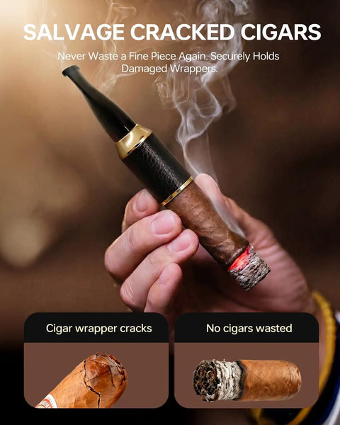 Lux Calfskin Cigar Holder And Mouthpiece Set With Leakproof Seal Ring shown in a hand, showcasing smoke from a burning cigar.