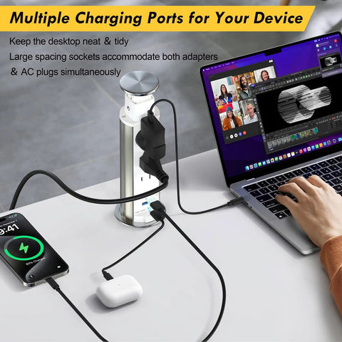 Pop Up Power Outlet For Countertop With 3 AC Outlets And 2 USB Ports, Hidden Recessed Socket In Use On Office Desk