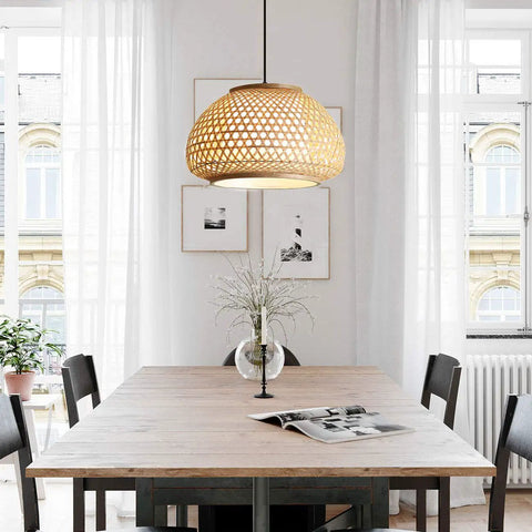 Handmade Flush Mount Ceiling Light With Retro Bamboo Dome Shade, illuminating dining room, hanging above wooden table.