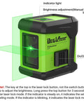 Green self-leveling laser level with cross line beam visible, featuring indicator lights and buttons, ideal for indoor projects.