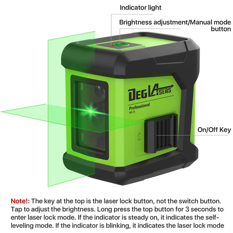 Green self-leveling laser level with cross line beam visible, featuring indicator lights and buttons, ideal for indoor projects.