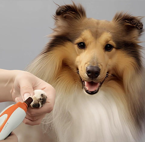 Collie having nails trimmed with All In One Sanding Drum Kit For Dog Nail Grinder And Rotary Tool, 100 Pcs 80 Grit Sanding Bands With 1 8th Inch Mandrels