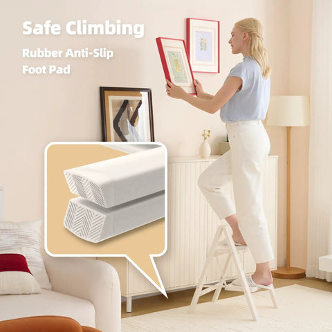 Aluminum 2 Step Folding Ladder White Finish Lightweight and Portable for Home Garage or Workshop Open Size 18x20x24 Inches Top Step Height 17.7 Inches Folds to Slim 1.8 Inch Profile for Easy Carry and Neat Storage. White folding step ladder with rubber anti-slip foot pad