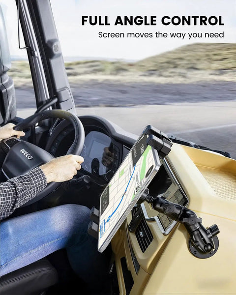 Heavy Duty Drill Base Tablet Mount Built Like A Tank Truck Dashboard Holder with 360 swivel arm for tablets in truck.