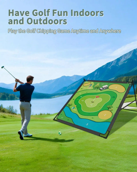 Golfer playing near Golf Chipping Game Mat With Sticky Balls 6 Large And 30 Small, 59x59 Inch Large Dual Sided Practice Mat For Indoor Outdoor Play