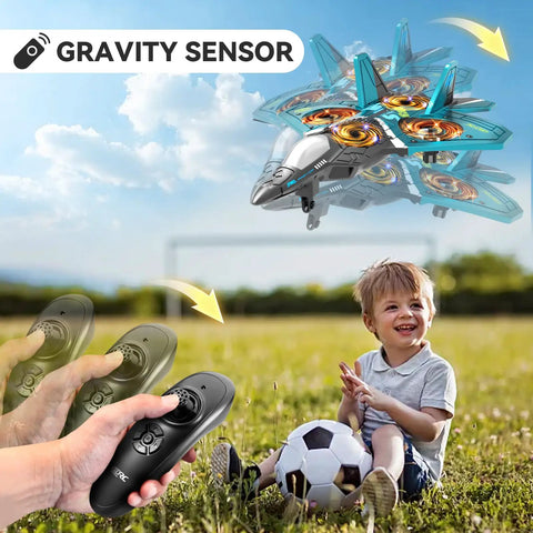 Child playing in field as Foam Remote Control Airplanes For Kids And Adults, 360 Degree Flip Fighter Jet with light flies overhead