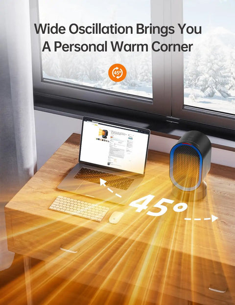 Compact 600W PTC Ceramic Space Heater With 45 Degree Oscillation on wooden desk near laptop in bedroom