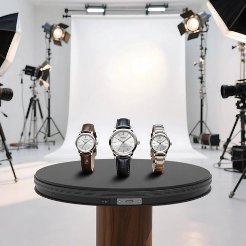 Stunning Electric Photography Turntable With 20 Second Rotate Speed And 10 Kilo Weight Limit For Sleek Watch Jewelry Product Shoots On Your Desk showcasing three watches on a studio backdrop.