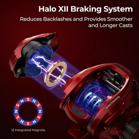 Halo XII braking system detail on Royale Legend Glory Baitcasting Reel With 8.0 To 1 Gear Ratio Right Handed Game Changing Magnetic Halo XII Braking For Ultra Smooth Long Casts And Precision Control
