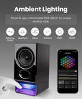 Desktop Speaker System With 2.75 Inch Full Range Drivers And Bluetooth 6.0, Easy Tap Controls, showing ambient lighting modes via app.