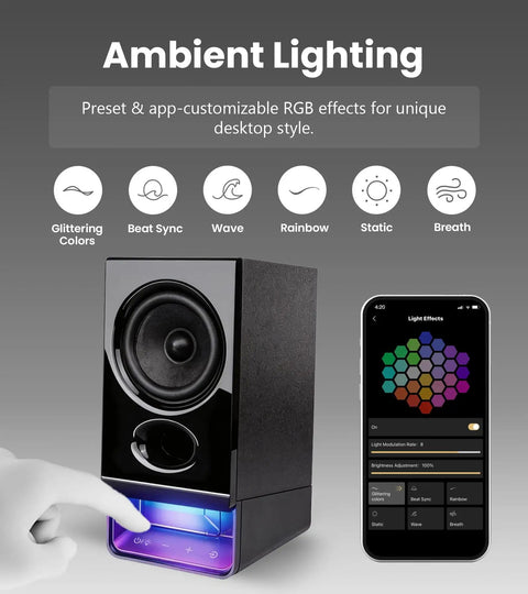 Desktop Speaker System With 2.75 Inch Full Range Drivers And Bluetooth 6.0, Easy Tap Controls, showing ambient lighting modes via app.