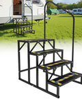 Heavy Duty Rv Entry Steps With Sturdy Handrail Four Step Camper Stairs For Travel Trailers Fifth Wheels And Mobile Homes No Fuss Setup showing a black steel frame with antislip steps.