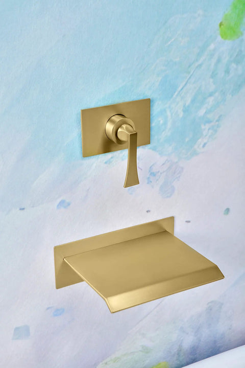 High Flow Wall Mount Tub Filler With Single Lever Large Waterfall Spout CUPC Certified Pressure Balance Rough In Valve Included Brushed Gold Finish Modern Bath Upgrade For Spa Vibes And A Handy Shelf For iPad Candles Or Glassware showing brushed gold waterfall spout and control lever
