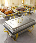 Super Sized Buffet Chafing Dishes Set, 4 Full Size Stainless Steel Food Warmers With Stackable Design on buffet table