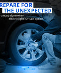 Person changing tire illuminated by Mil Spec Blue SnapLight Emergency Light Sticks 6 Inch With 8 Hour Run Time Bulk Pack 20 Chem Lights