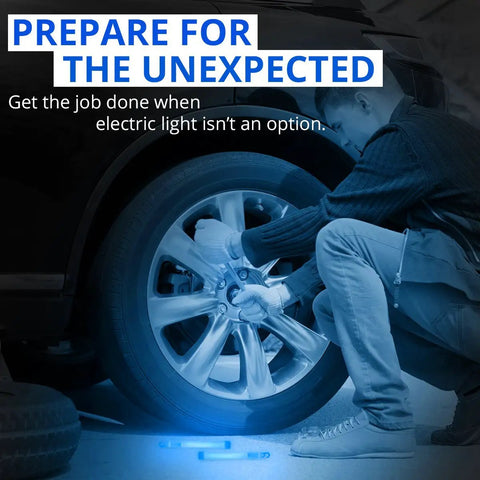 Person changing tire illuminated by Mil Spec Blue SnapLight Emergency Light Sticks 6 Inch With 8 Hour Run Time Bulk Pack 20 Chem Lights
