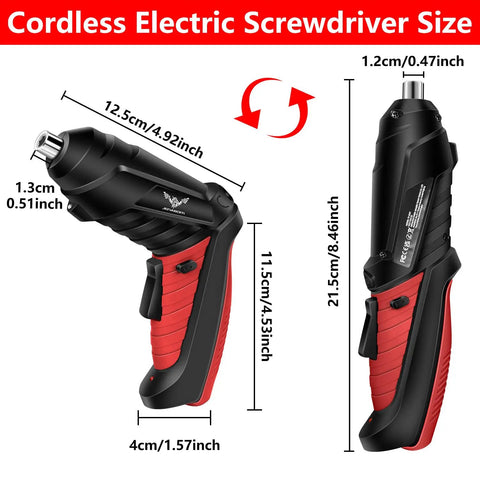 Killer 3.6V Cordless Electric Screwdriver Kit With Mini Drill Bits And One Touch Switch For Super Easy Diy Fixes Wall Mounting And Tiny Furniture Build Compact Handheld Power Driver Tool dimensions showing size indicators.