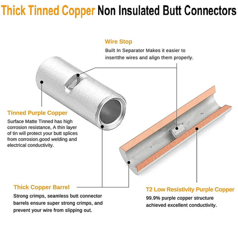 Detailed view of Non Insulated Butt Connectors Kit 380Pcs Marine Grade Tinned Copper Seamless Barrel Crimp Splice Terminals