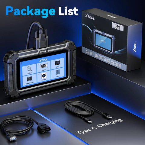 OBD2 Touchscreen All In One Diagnostic Scanner with cables and packaging on display