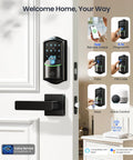 Direct WiFi Built In Smart Lock With Handles No Hub Required Fingerprint Keyless Entry App Remote And Voice Control Electronic Front Door Deadbolt Touchscreen Keypad Auto Lock Matte Black Finish installed on white door.