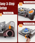 Steps to ignite 14,000 BTU Portable Butane Camping Stove With One Touch Piezo Ignition, Brass Burner, Magnetic Safety Lock.
