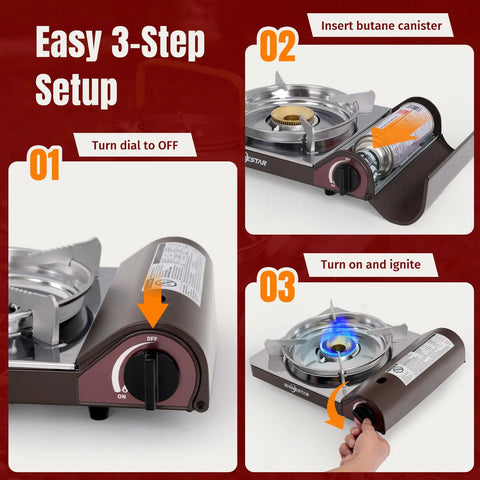 Steps to ignite 14,000 BTU Portable Butane Camping Stove With One Touch Piezo Ignition, Brass Burner, Magnetic Safety Lock.
