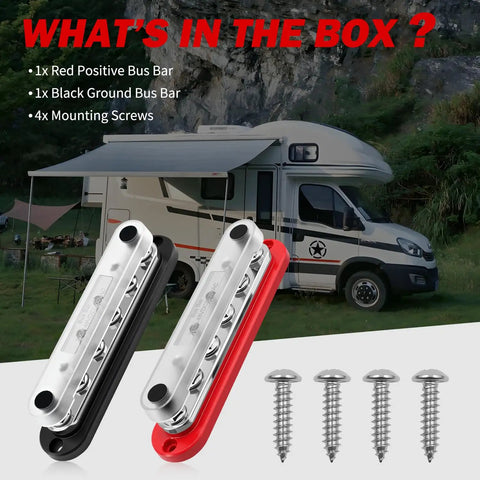 Beefy Marine Grade 300 Amp 12V Bus Bar With 3 Eighth Inch Studs Power Distribution Block With Cover For Boat Battery Wiring Positive And Negative Terminals Automotive And Solar Use Pack Of 2, shown with screws and RV use
