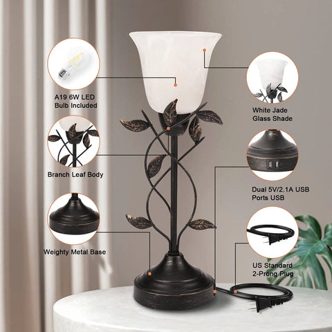 Set Of 2 Vintage Leaf Torchiere Table Lamps With Glass Shade, 3 Way Dimmable Touch Lamps, Dual USB Ports, Modern Bedroom Nightstand And Living Room Lighting, White Jade Glass Shade