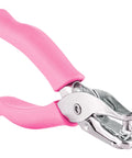 Metal Single Hole Punch For Paper And Crafts With Soft Grip Handles, Pink Quarter Inch Hole Puncher, shown with metal body and pink grips.