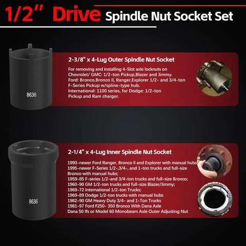 Five Piece Spindle Nut Socket Tool Kit One Half Inch Drive For Ford Dana 50 60 Chevy Dodge SUVs and Light Trucks Heavy Duty Spindle Nut Removal and Installation Set With Four Slot and Six Slot Sockets shown with specifications