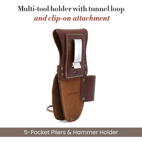 5 Pocket Pliers and Hammer Holder Leather Tool Pouch in Full Grain Dark Tan with clip-on attachment, side view