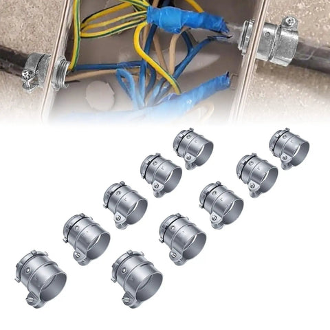 Heavy Duty 20 Pack 1 Inch Squeeze Conduit Connectors Featuring Dead Nuts Grip Reversible Locking Nut Crafted From Die Cast Zinc Alloy, grouped together.