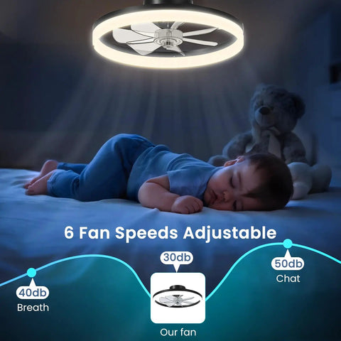 Slick 20 Inch Low Profile Ceiling Fan With Dimmable Led Light, Smart Remote And Phone App Control, Fast Fold Blades For Killer Airflow Indoors On Repeat above sleeping child.