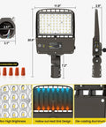 LED Parking Lot Light 180W 200W 220W Switchable, heavy duty, die-casting aluminum, showcasing components and dimensions