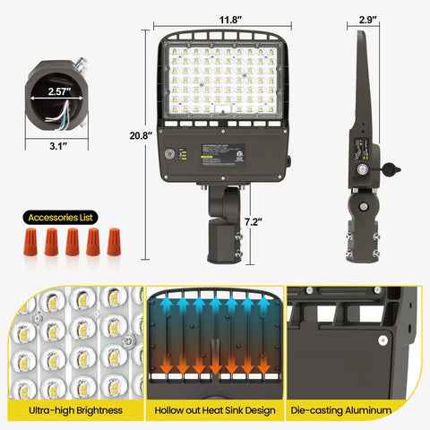 LED Parking Lot Light 180W 200W 220W Switchable, heavy duty, die-casting aluminum, showcasing components and dimensions