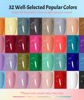 32 colorful nail swatches from the 36Pcs Gel Nail Polish Kit With 32 Classic Colors And 4 Essential Addons