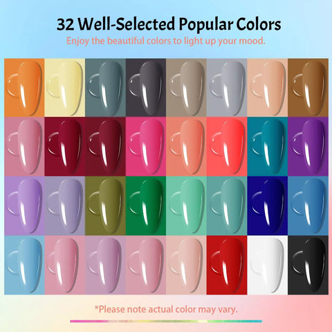 32 colorful nail swatches from the 36Pcs Gel Nail Polish Kit With 32 Classic Colors And 4 Essential Addons