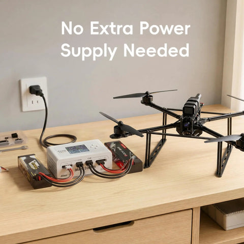Dual LiPo Charger For RC Fans With Bluetooth App Control, 16A AC 300W DC 700W in use with drone, no extra power supply needed