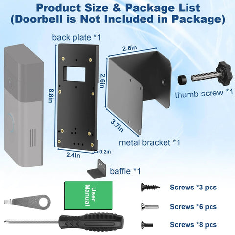 Anti Theft Video Doorbell Mount No Drill Bracket For Battery And Video Doorbells with installation parts layout shown