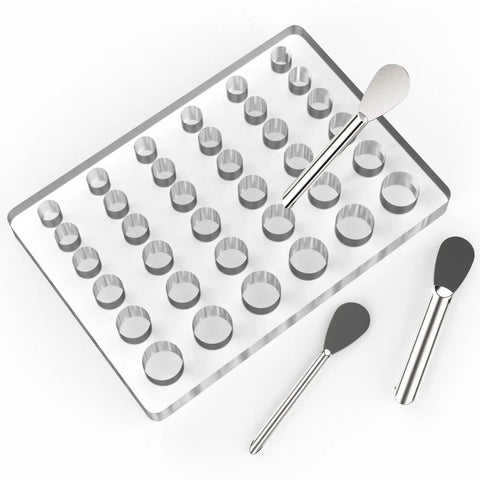 Top view of Lab Tube Rack Filling Tray Kit With 36 Hole Microcentrifuge Rack, Spoons And Spatula For Sizes 000 Through 3.