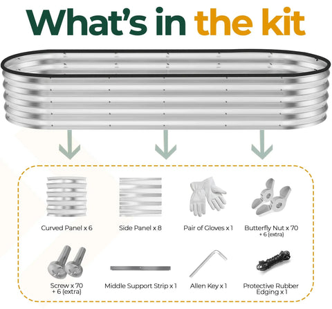 What's in the kit for Galvanized Raised Garden Bed 6x2x1 Ft. Includes panels, gloves, nuts, screws, strip, key, edging.