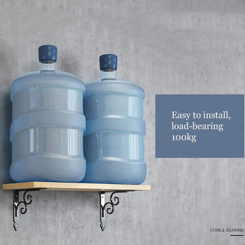 Hella Sturdy Metal Shelf Bracket Featuring Rock Solid Right Angle Build And Super Slick White Finish Ideal For Wall Mounted Shelving Indoor Rack And Hanging Basket Display With Complete Screw Kit Included, holding two water bottles on a wooden shelf.
