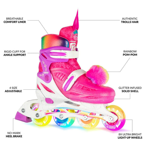 Tot Friendly Trolls Themed Adjustable Inline Skates For Kids Featuring Poppy Or Barb Pink Size Medium 2-5 With Big Trolls Head Tongue