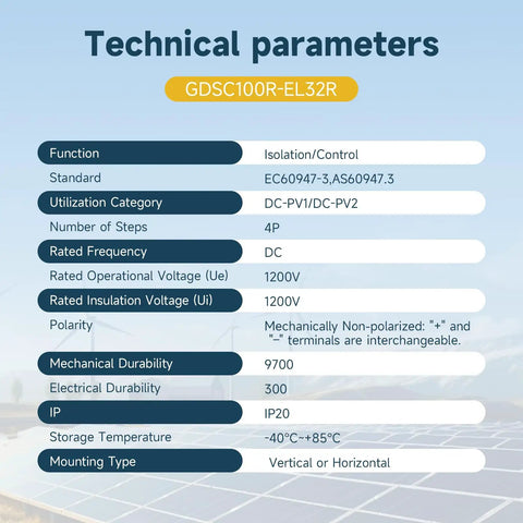 Technical parameters for 32A DC 1200V Solar Disconnect Isolator Switch with IP66 Waterproof Enclosure, specifications table displayed