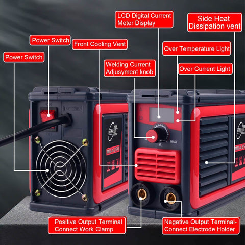 Upgraded MMA-250A 110V Portable Stick Welder With IGBT Inverter, Digital LCD Display, front and side view showing vents and controls.