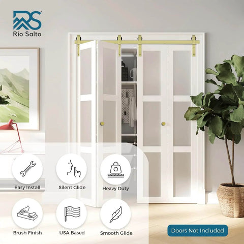Gold Bi Fold Barn Door Hardware Kit With Heavy Duty Metal Track System And Matching Knobs Bifold Closet Doors Compatible 52 Inch Track For Four Doors Four Rollers No Doors Included Ideal For Space Saving Closets And Interior Rooms in use