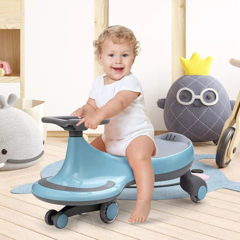 Toddler riding a blue Trendy Swing Ride On Wiggle Car With Glowing Wheels and Easy Twist Steering designed for ages 3+. Smooth indoor play.