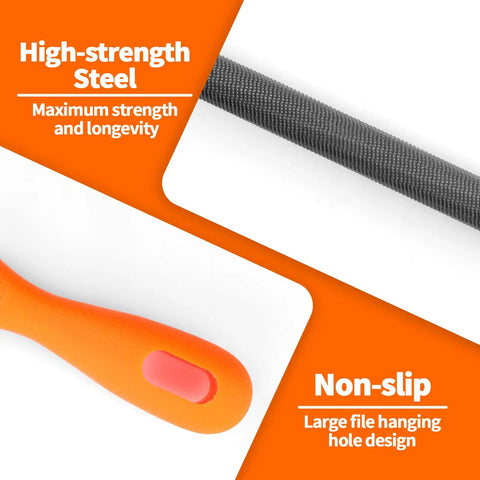 Close-up of Pro Grade Three Size Chainsaw Sharpening File Set Five Thirty Second Inch Seven Thirty Second Inch And Three Sixteenth Inch With Plastic Handle Round Steel Files, highlighting steel and handle design.