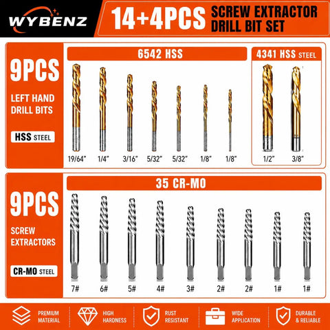 Grab The Ultimate 18-Piece Bolt Extractor Kit With Left Hand Drill Bits To Fix Stuck Stripped Screws Super Easy And Save Your Backtime No More Broken Tools Allowed 9 left hand drill bits and 9 extractors